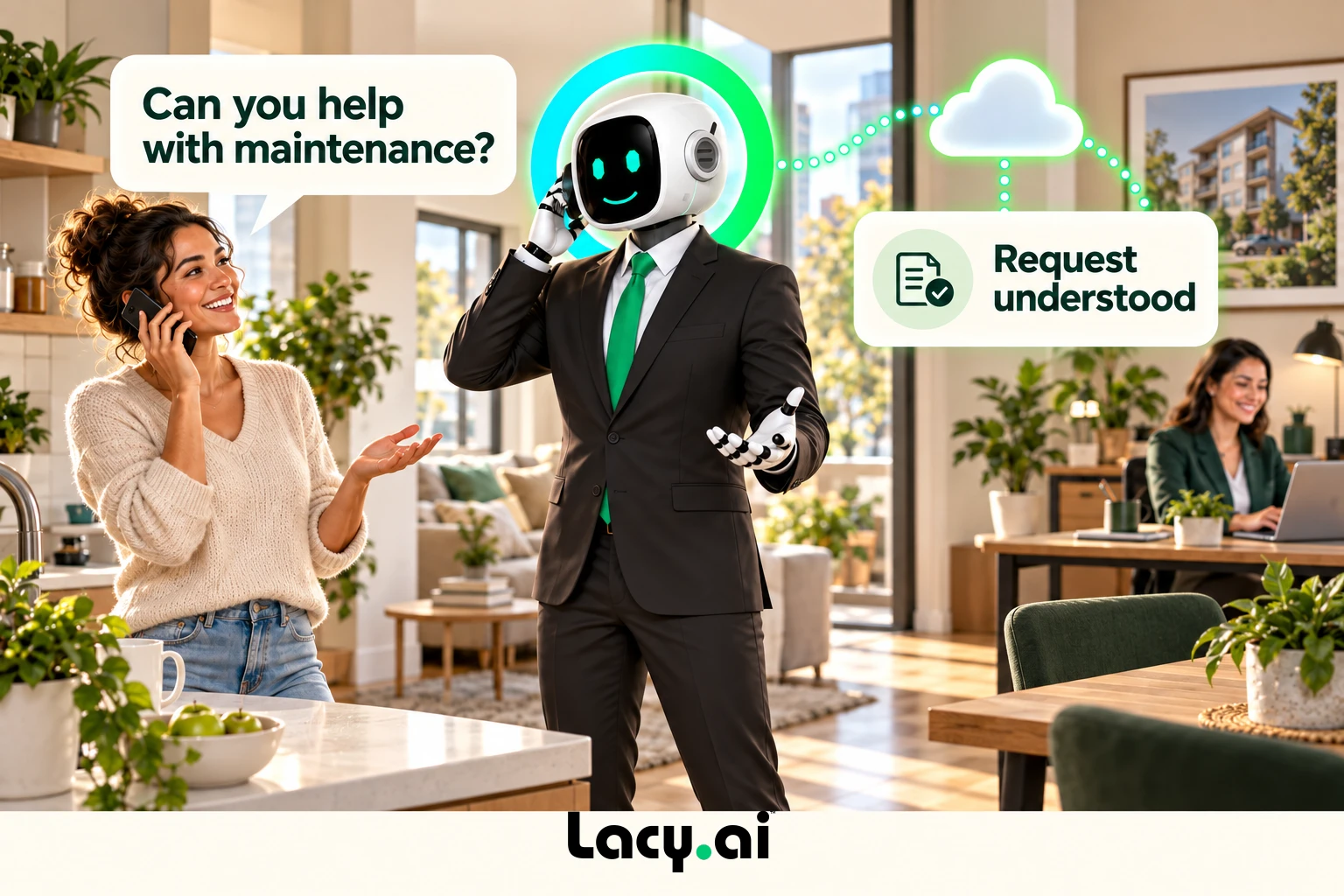 property answer: smiling Lacy robot connects a customer call to service details and the next action.