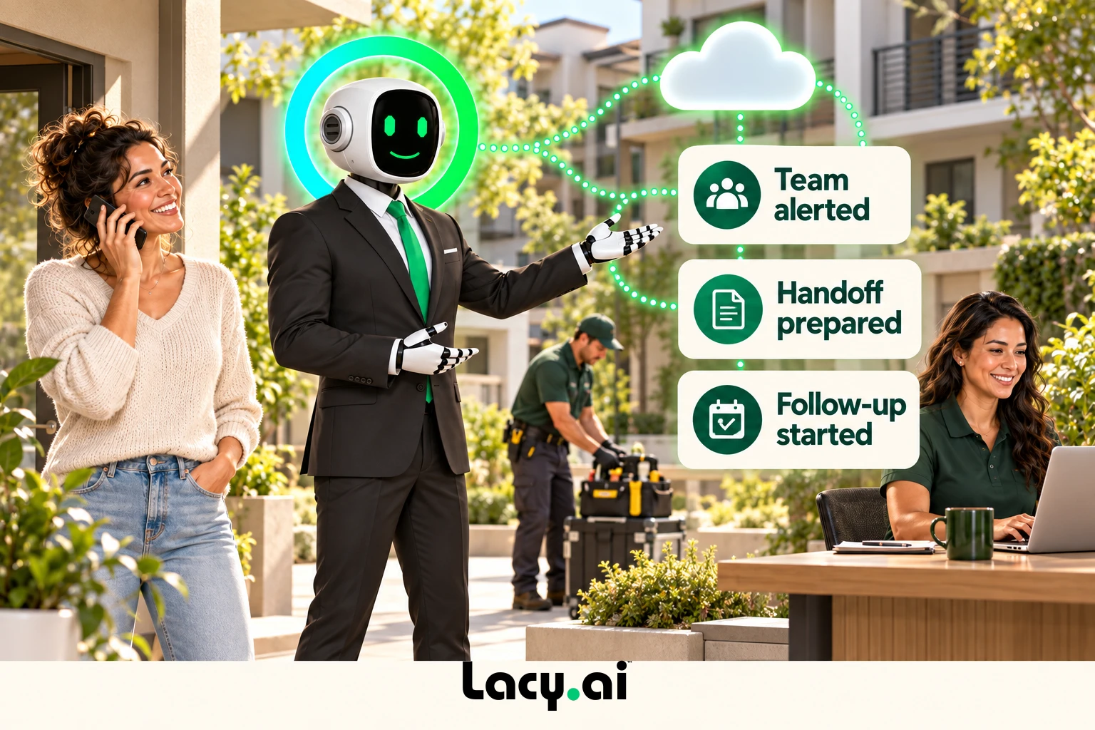 property action: smiling Lacy robot connects a customer call to service details and the next action.