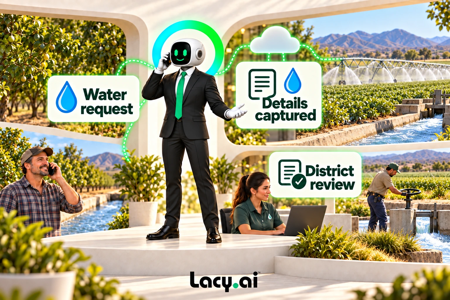 Lacy captures a grower's water request and prepares the details for irrigation district staff review.