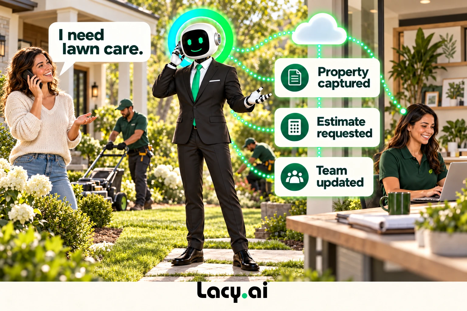 landscaping hero: smiling Lacy robot connects a customer call to service details and the next action.