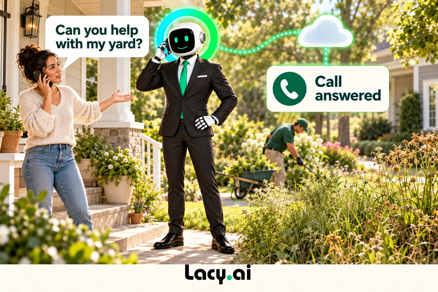 landscaping answer: smiling Lacy robot connects a customer call to service details and the next action.