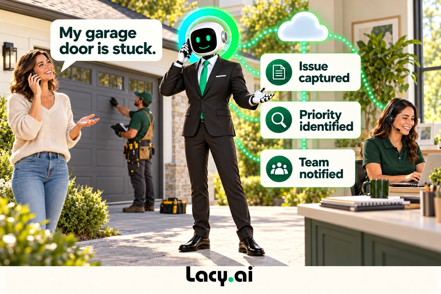 garage hero: smiling Lacy robot connects a customer call to service details and the next action.