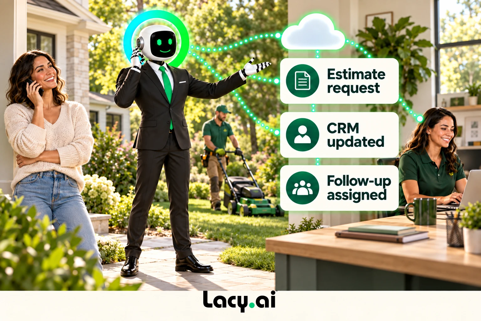 landscaping action: smiling Lacy robot connects a customer call to service details and the next action.
