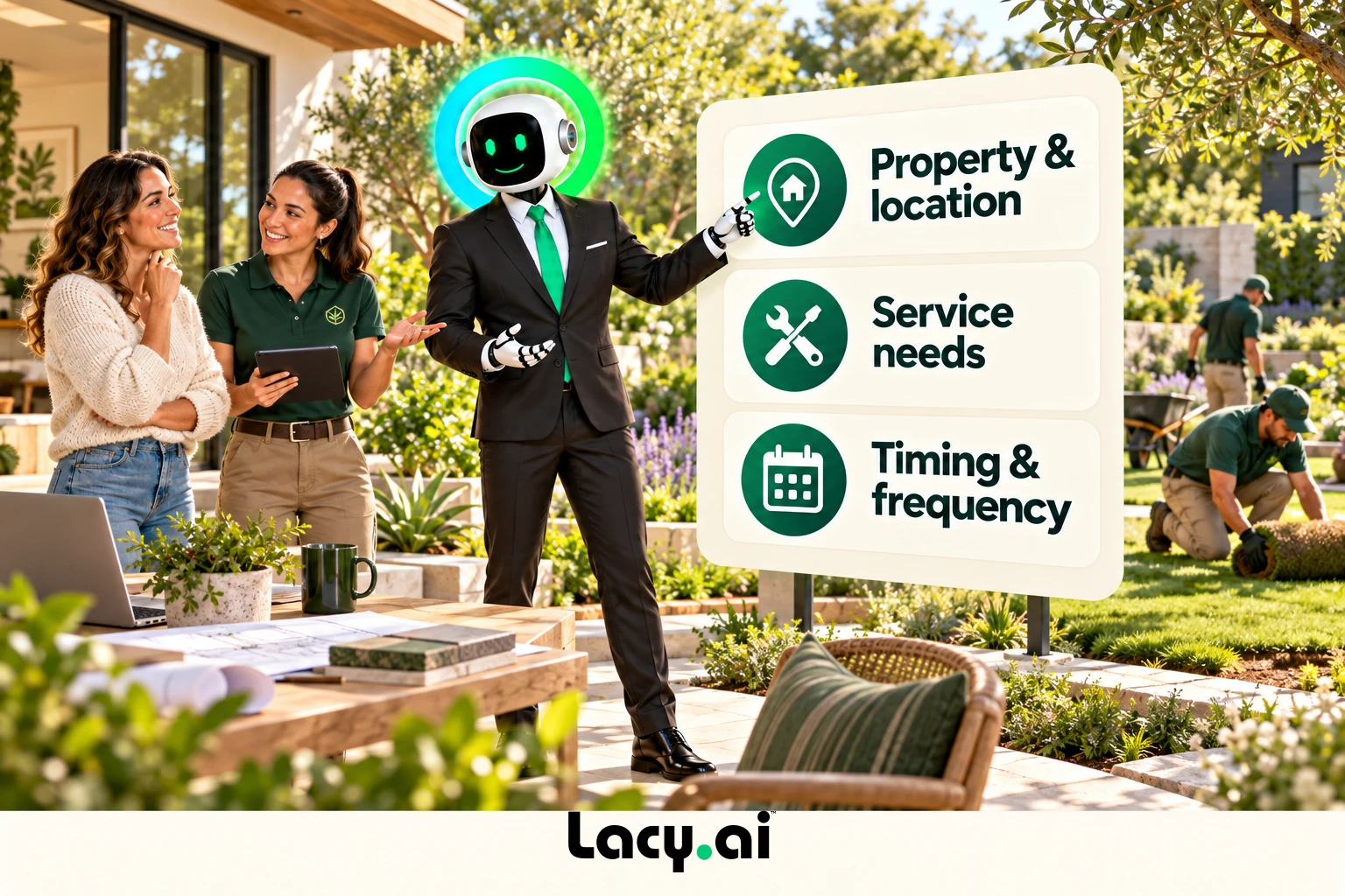 landscaping intake: smiling Lacy robot connects a customer call to service details and the next action.