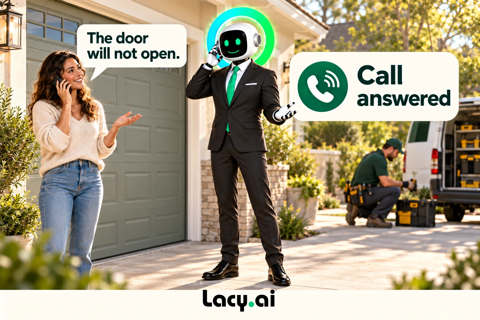garage answer: smiling Lacy robot connects a customer call to service details and the next action.