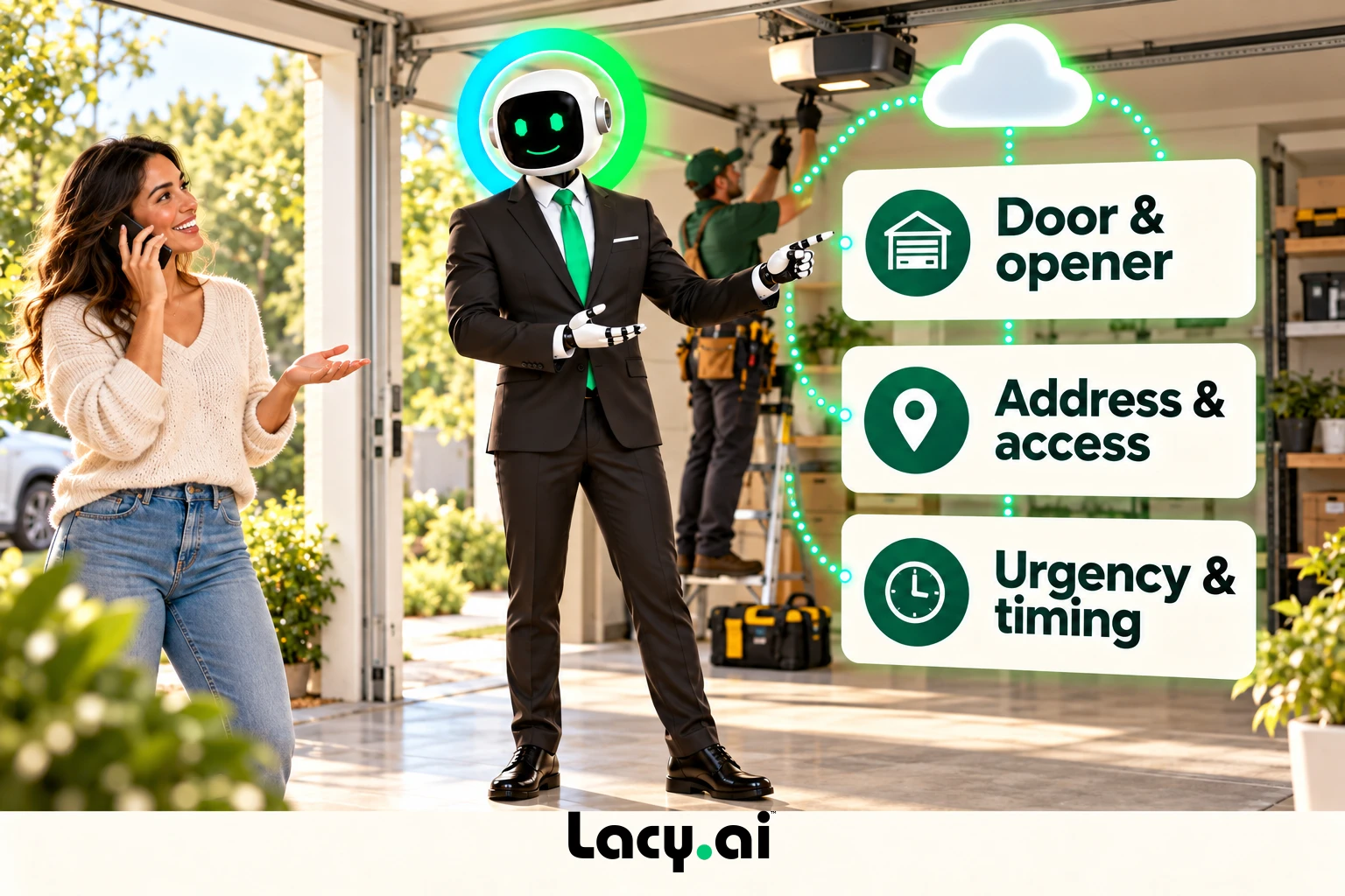 garage intake: smiling Lacy robot connects a customer call to service details and the next action.