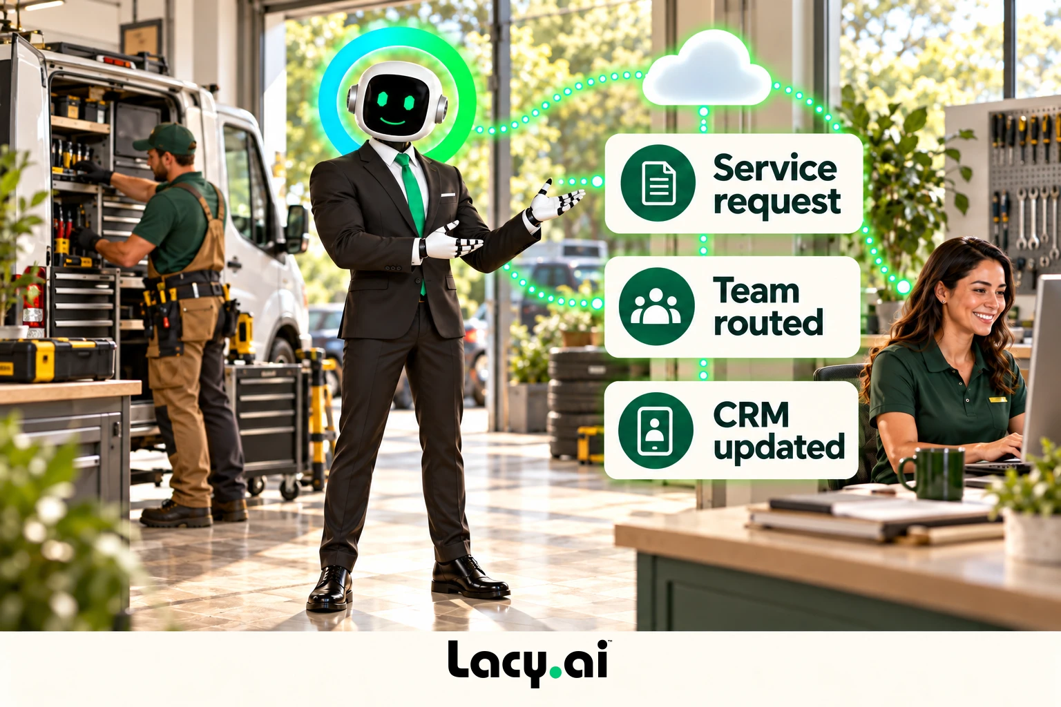 garage action: smiling Lacy robot connects a customer call to service details and the next action.