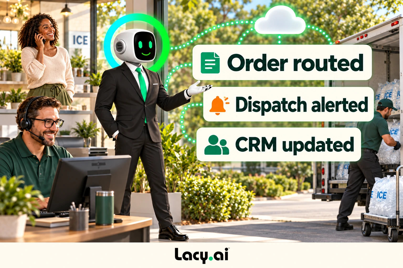 ice action: a customer call becomes captured details and a clear next step for the team.