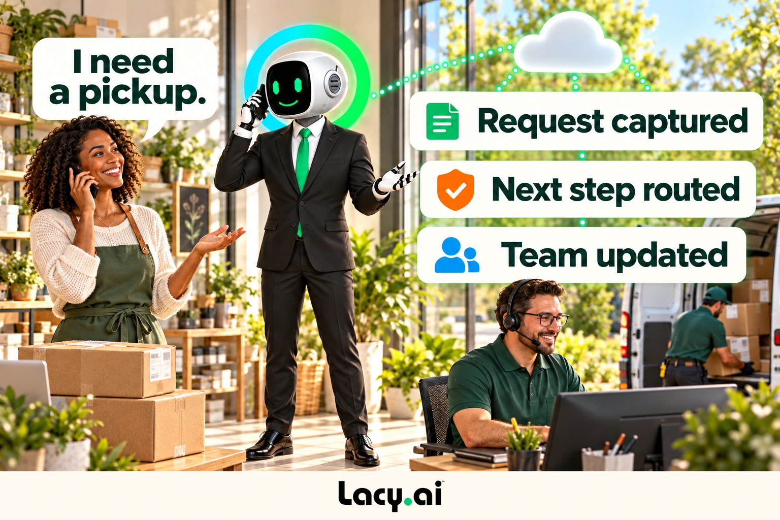 courier hero: a customer call becomes captured details and a clear next step for the team.