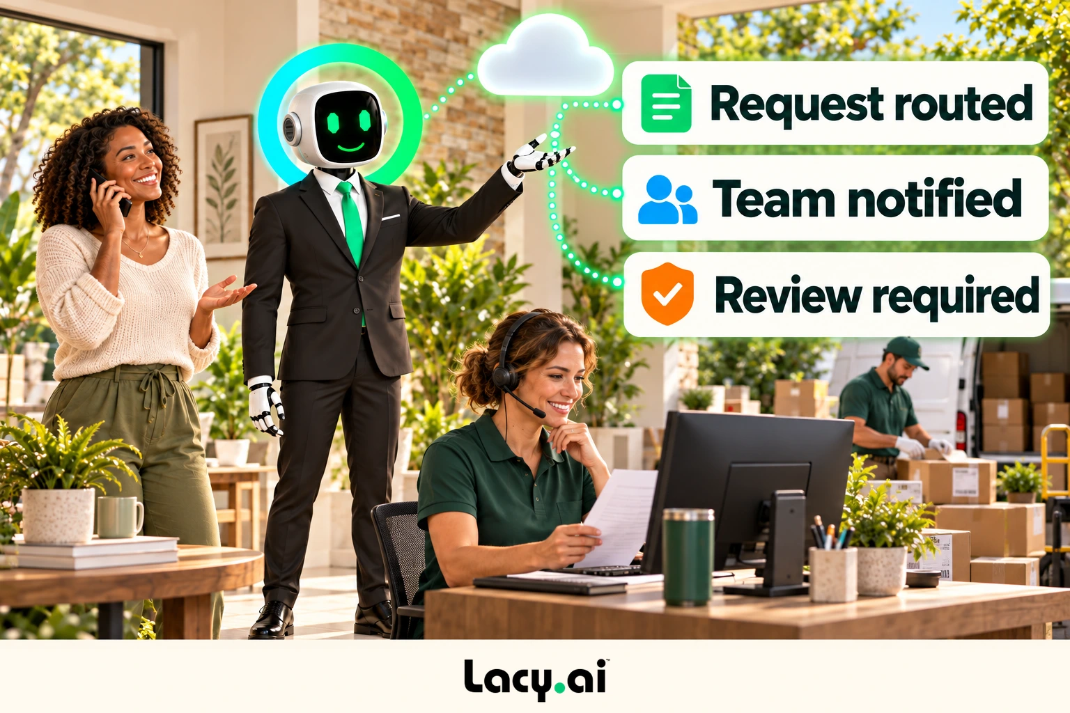courier action: a customer call becomes captured details and a clear next step for the team.