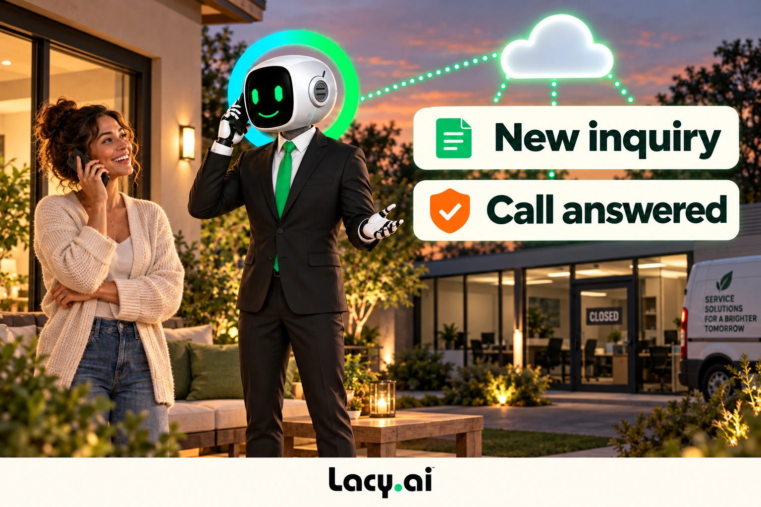 Lacy answers a new service inquiry while the office is closed.