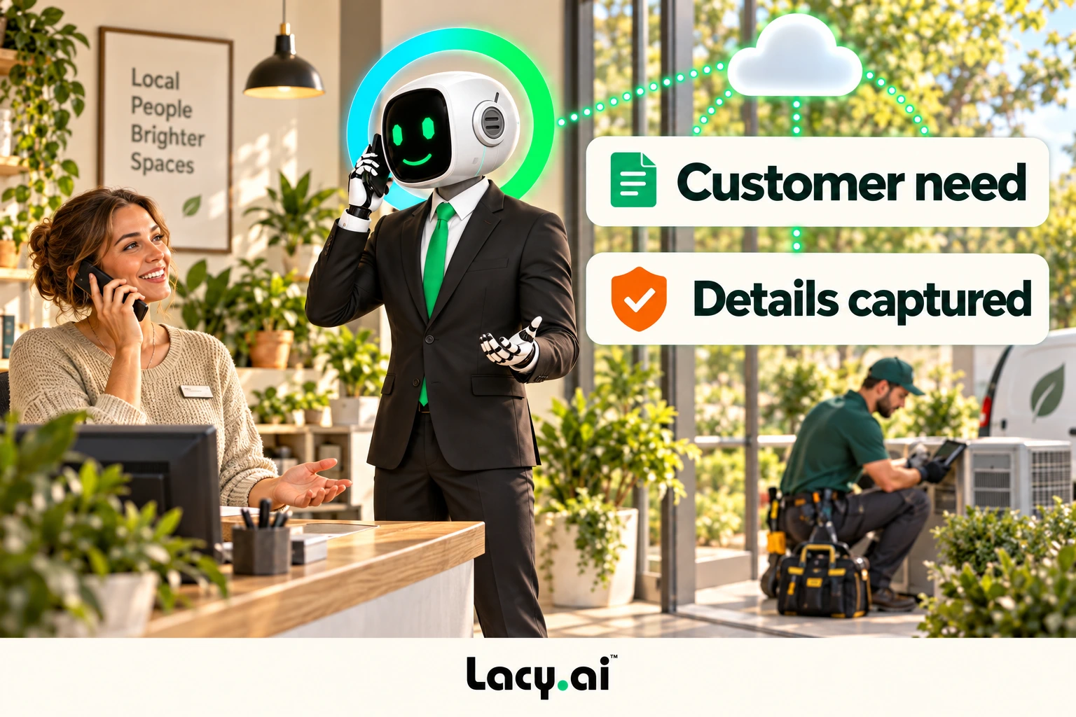 Lacy captures the customer need and relevant service details.