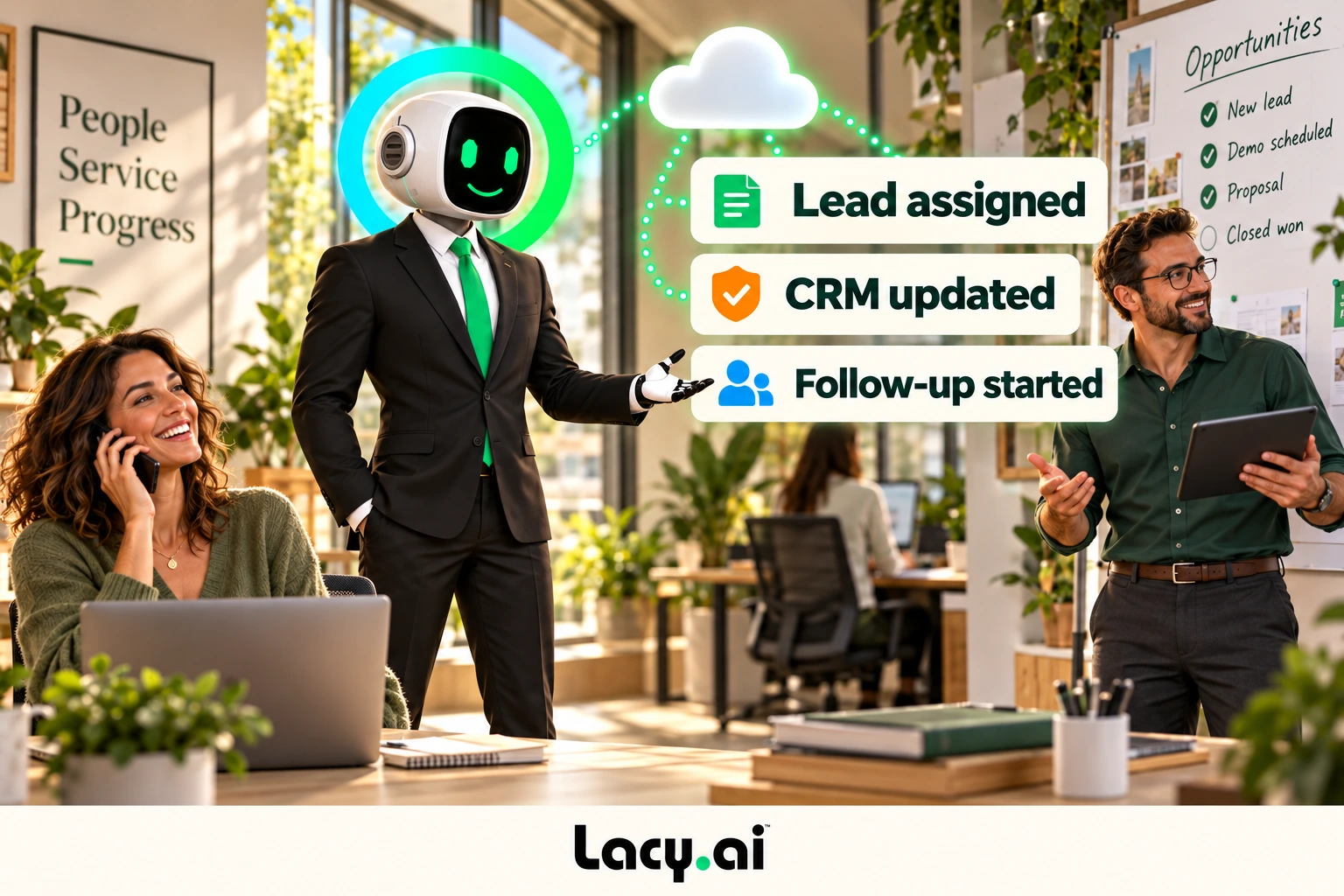 A qualified opportunity reaches the sales team and CRM for follow-up.