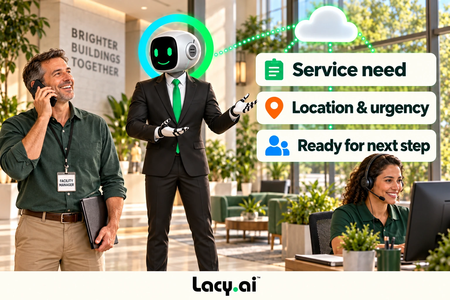 A facility manager describes their needs; Lacy captures service, location and urgency.