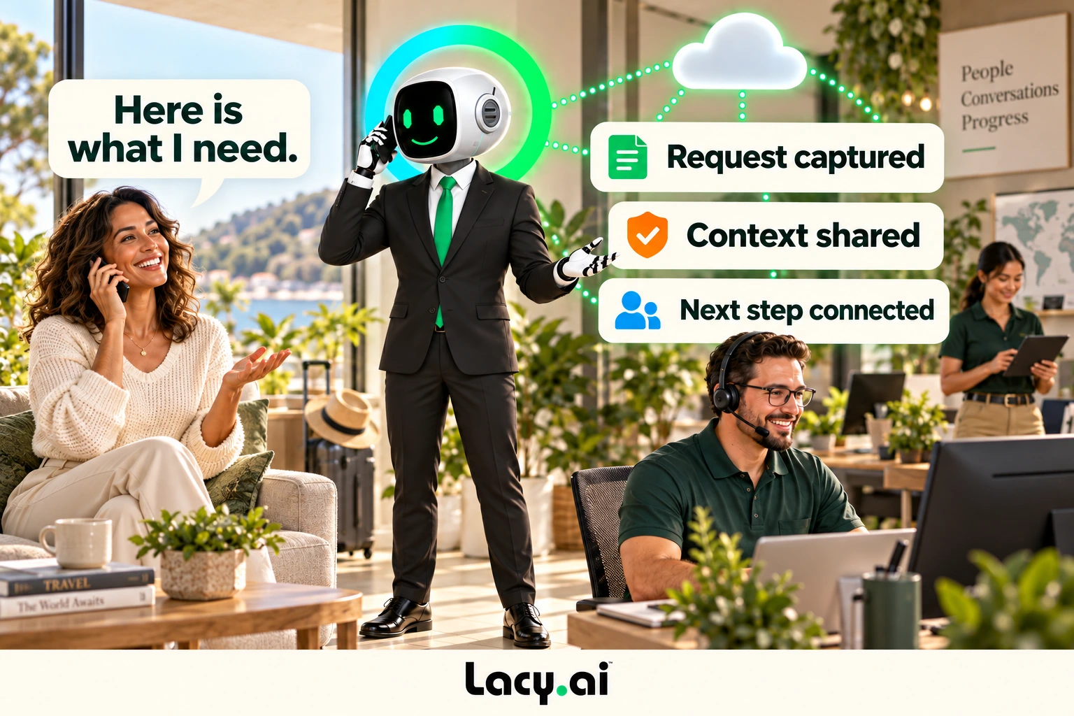 A customer request becomes shared context and a connected next step.
