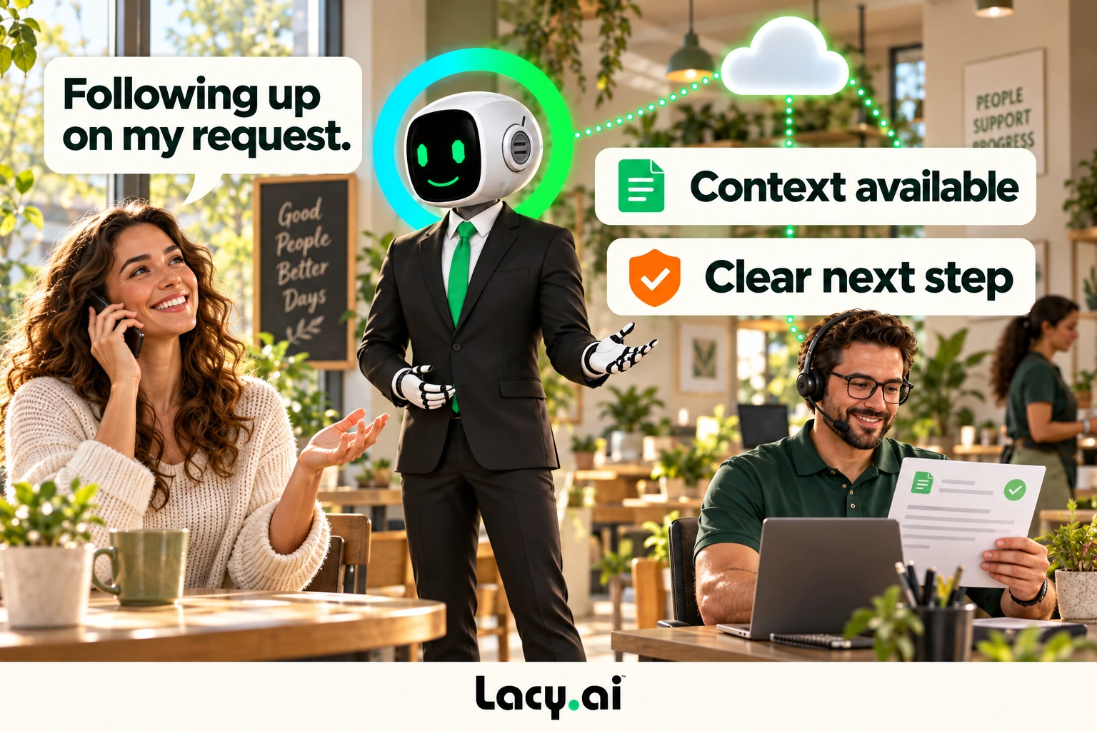 A returning customer continues with available context and a clear next step.