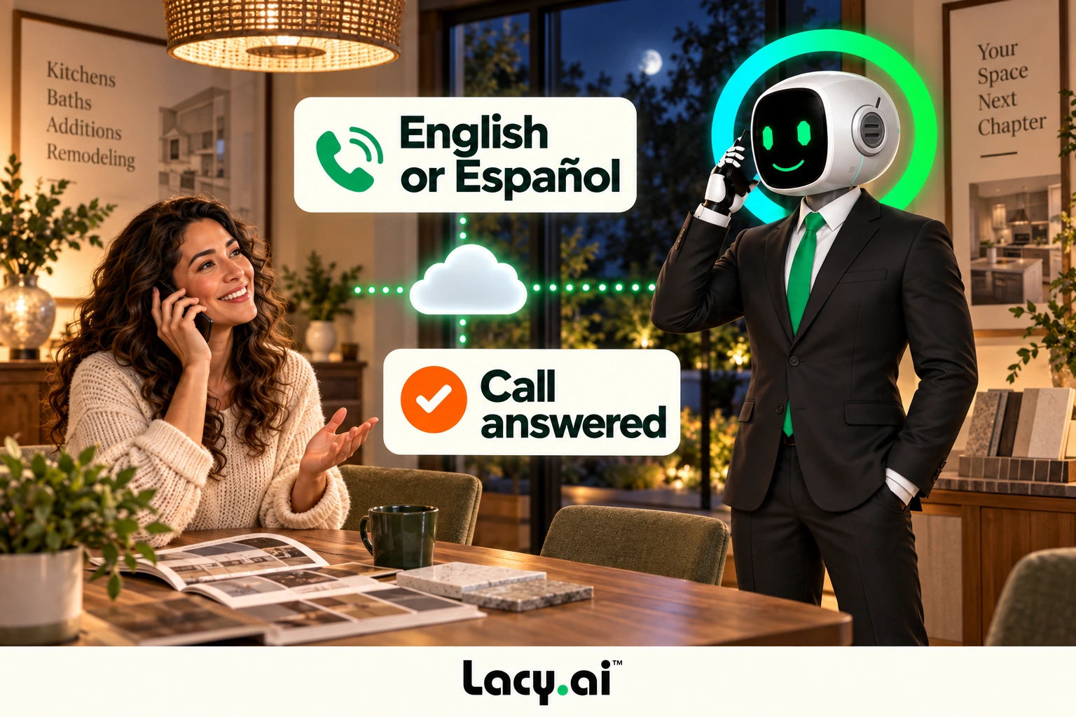 Lacy answers an evening remodeling call in English or Spanish.