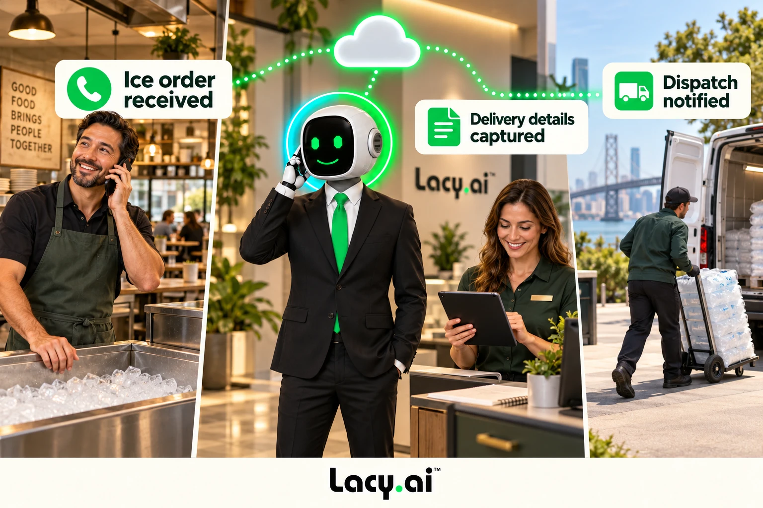 An ice delivery call becomes captured order details and a dispatch notification.