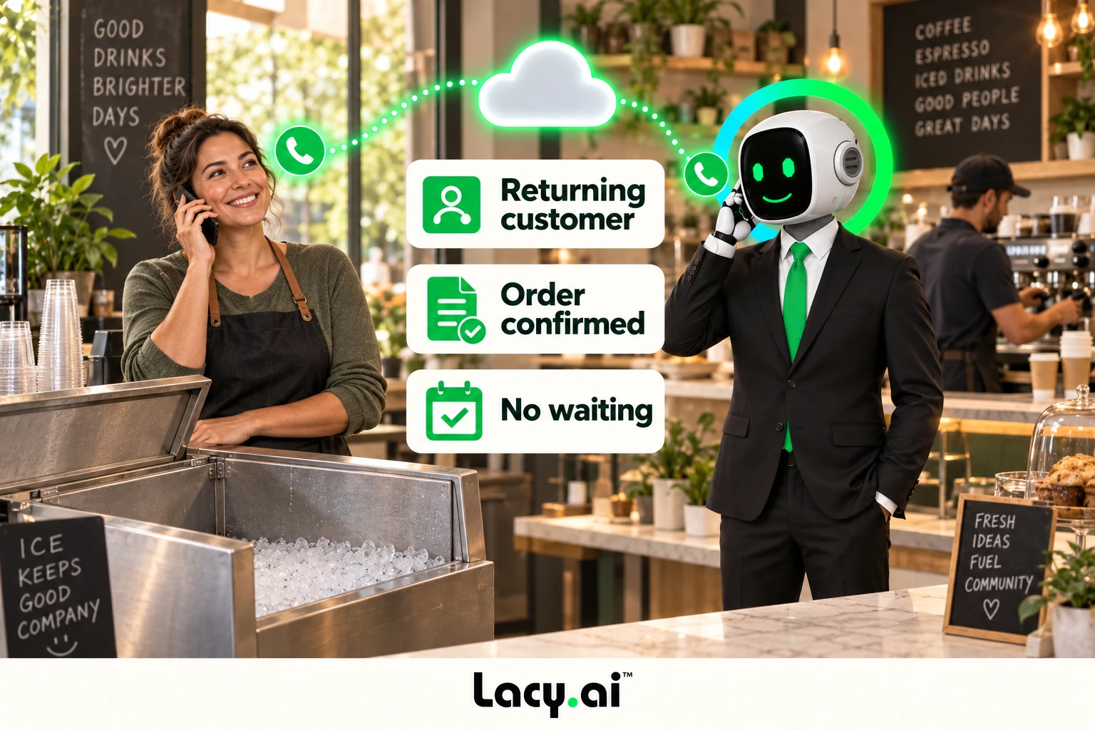 Lacy recognizes a returning ice customer while the cafe keeps working.