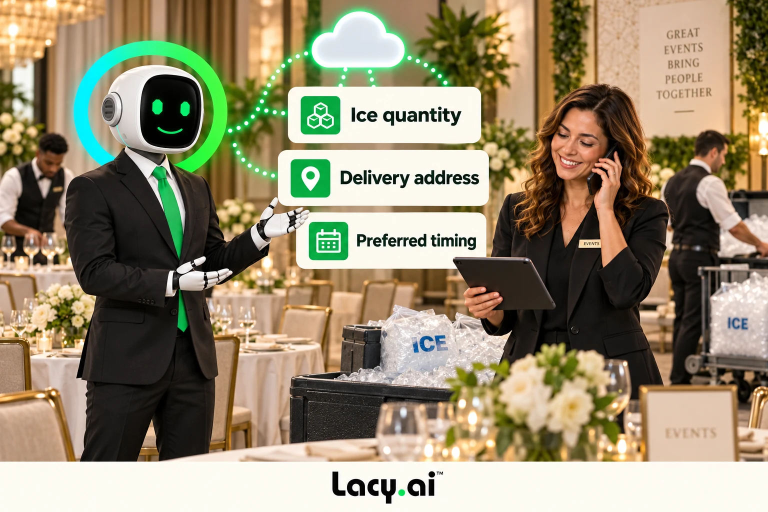 An ice order captures quantity, delivery address and preferred timing.