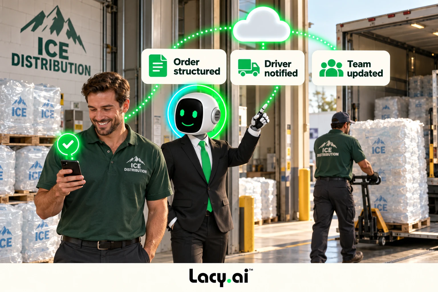 Structured ice orders notify drivers and update the team.