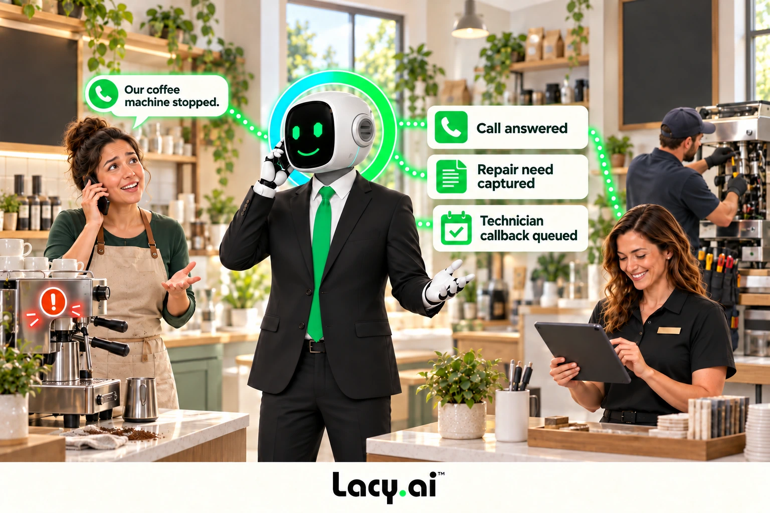 Lacy.ai answers the call while the service team keeps working.