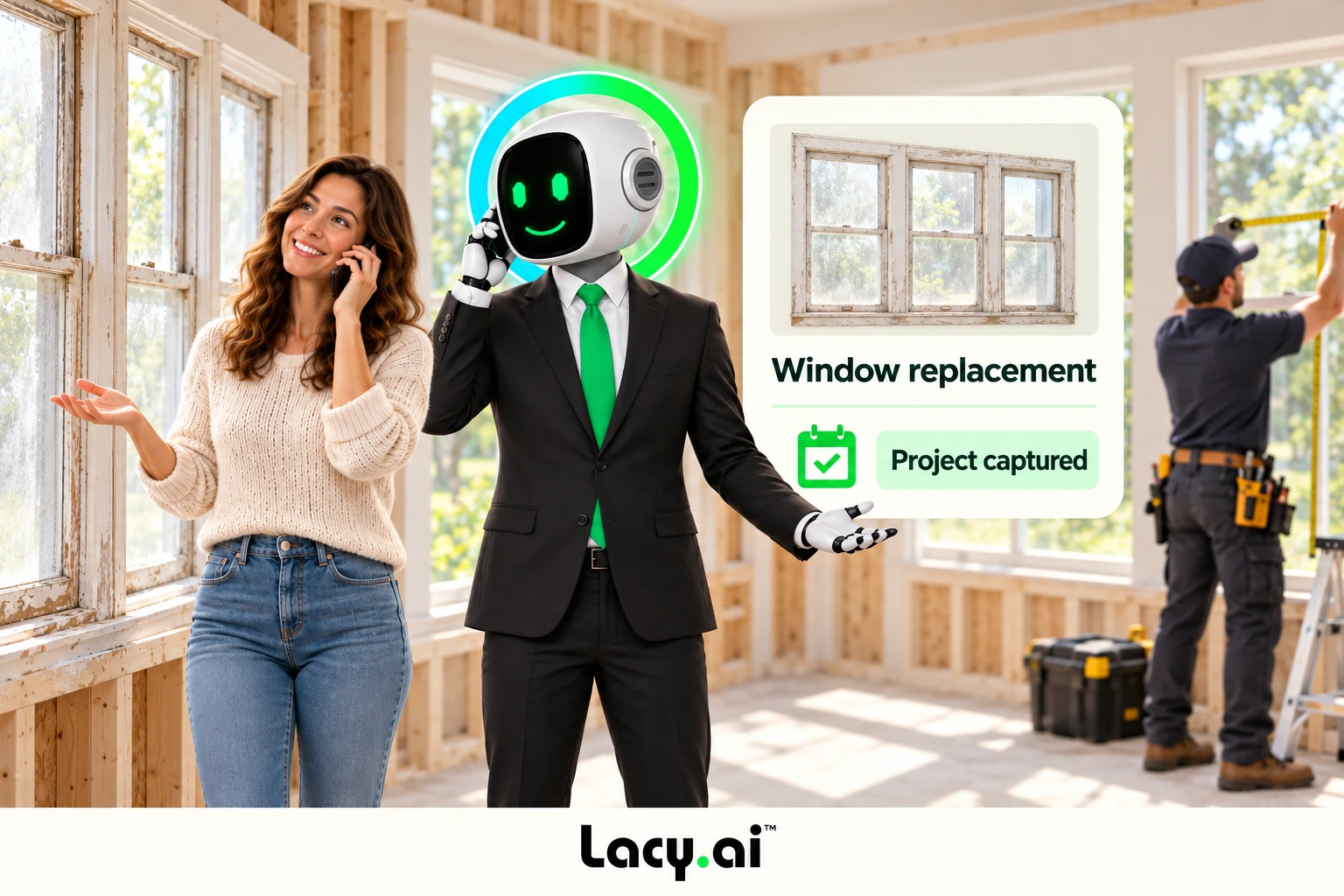 Start the conversation. Respond to the caller’s interest and capture the project they want help with.