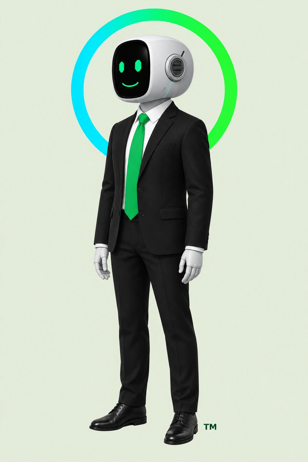 Lacy robot with a green tie and thick halo