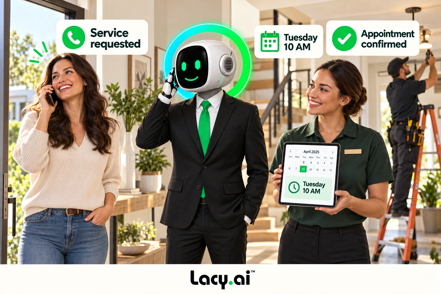 Lacy.ai cloud assistant mascot coordinates an appointment while the service team works.