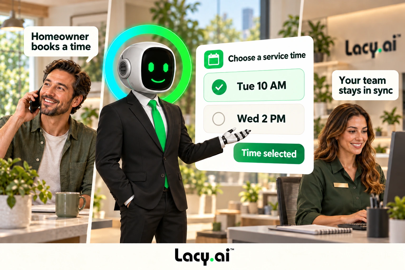 Find the right fit. The haloed Lacy.ai mascot handles the workflow while people continue working.