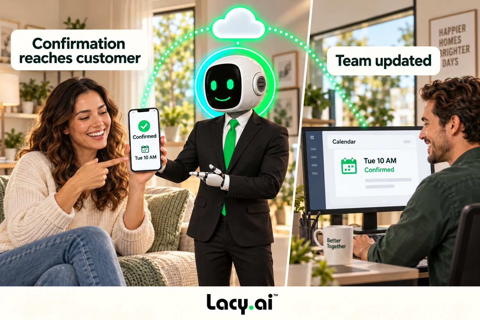 Confirm and connect. The haloed Lacy.ai mascot handles the workflow while people continue working.