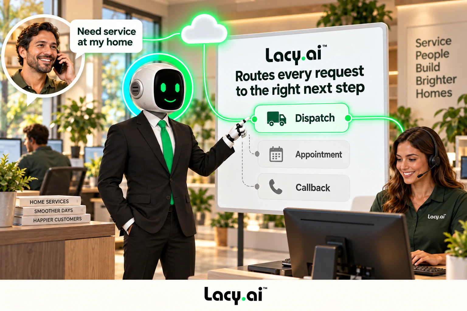 Choose the right path. The haloed Lacy.ai mascot handles the workflow while people continue working.