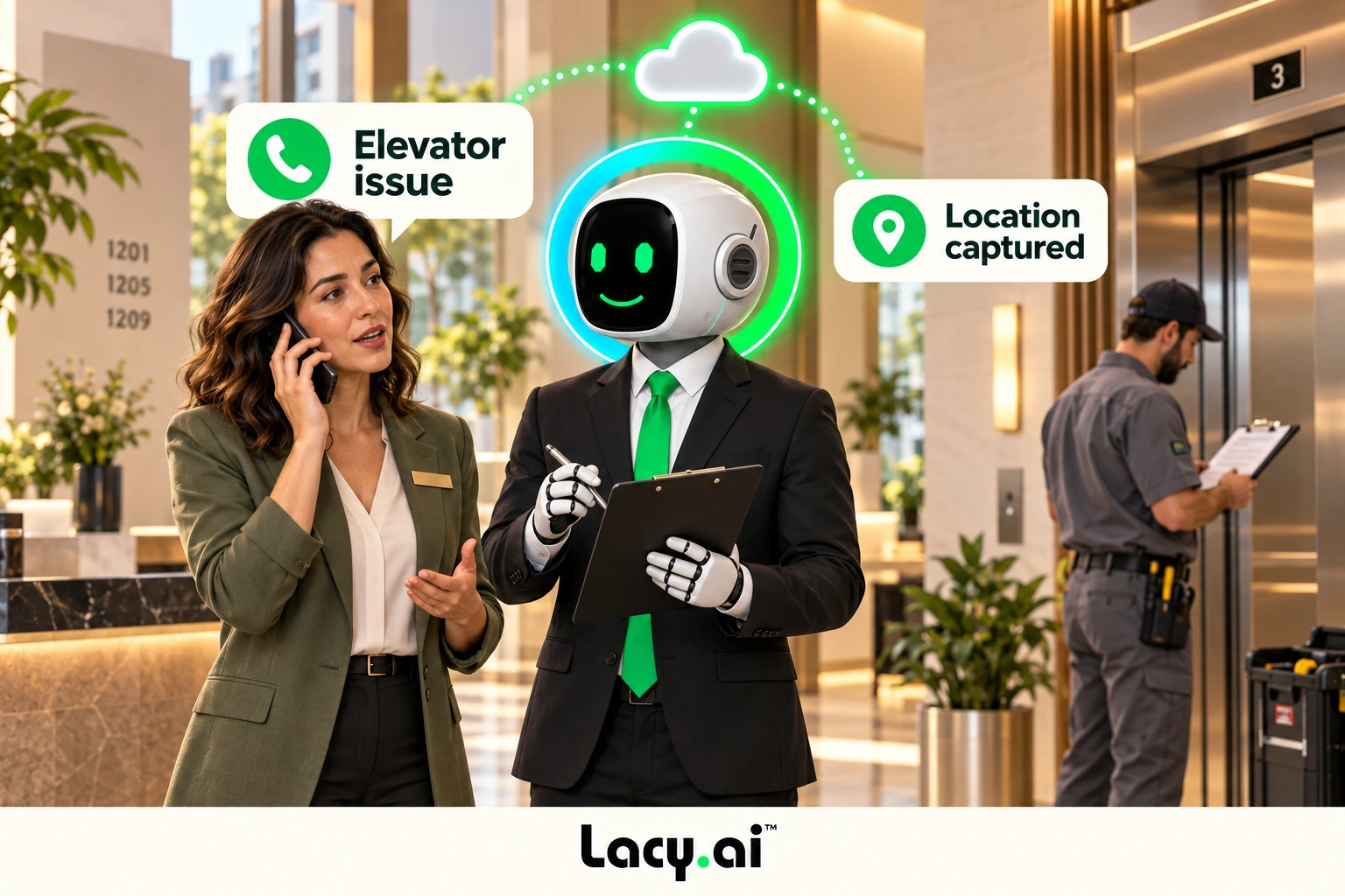 Understand why they called. The haloed Lacy.ai mascot handles the workflow while people continue working.