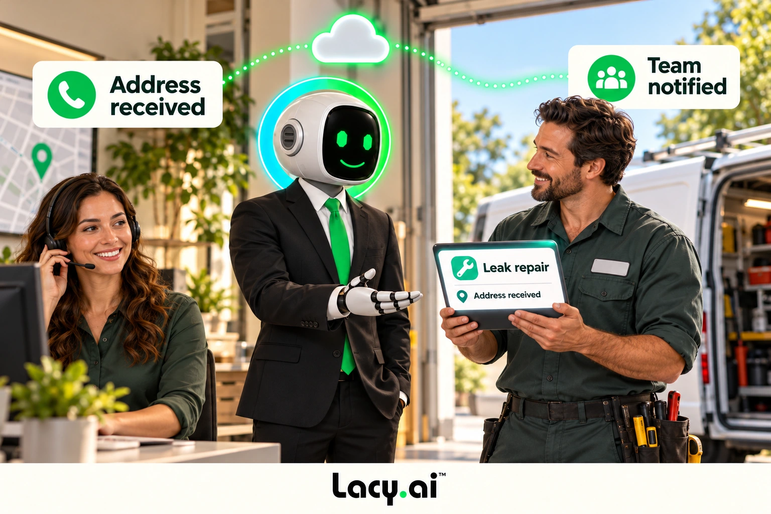 Pass the context forward. The haloed Lacy.ai mascot handles the workflow while people continue working.