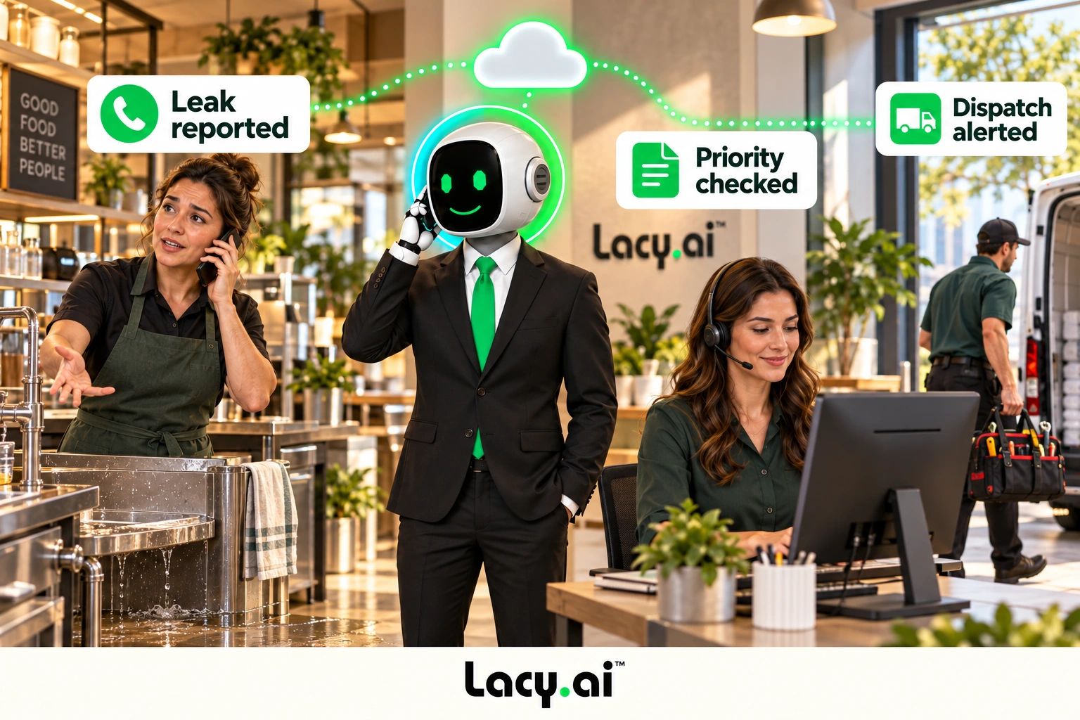 Lacy.ai cloud assistant mascot routes a request to the right path while the service team works.