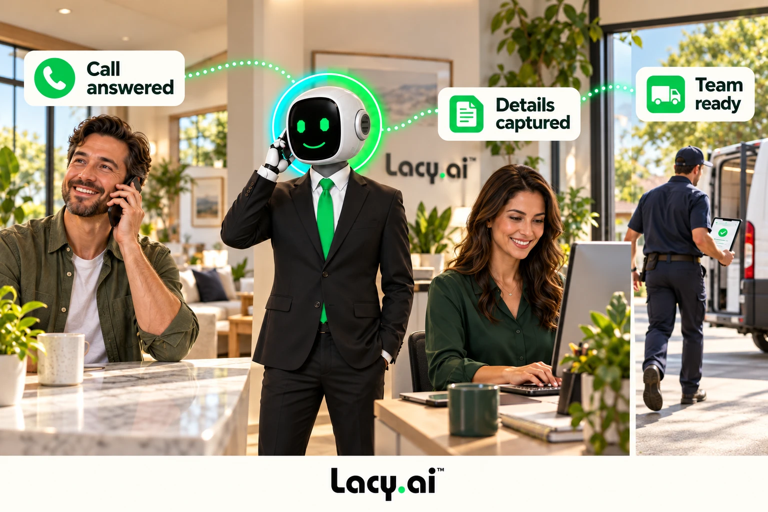 Illustrated call workflow: call answered, details captured, team ready.