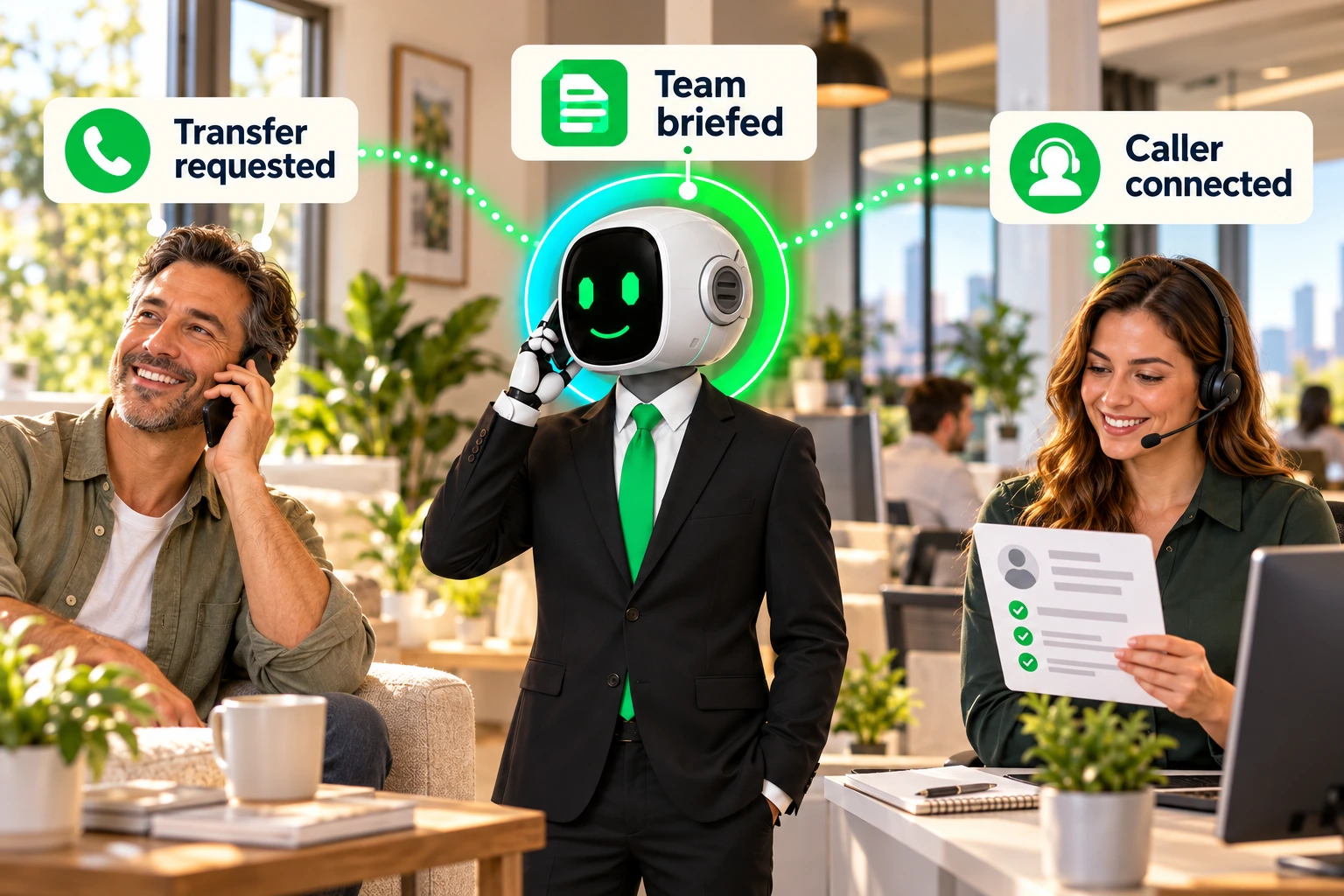 Caller → Team briefing → Connected conversation
