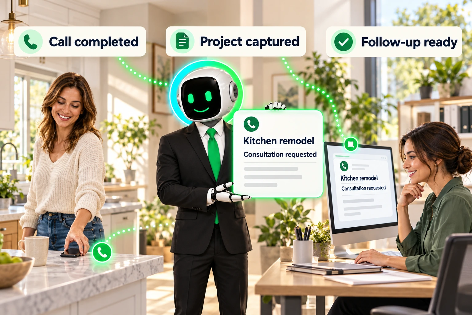 A completed customer call becomes captured project details and a clear follow-up.