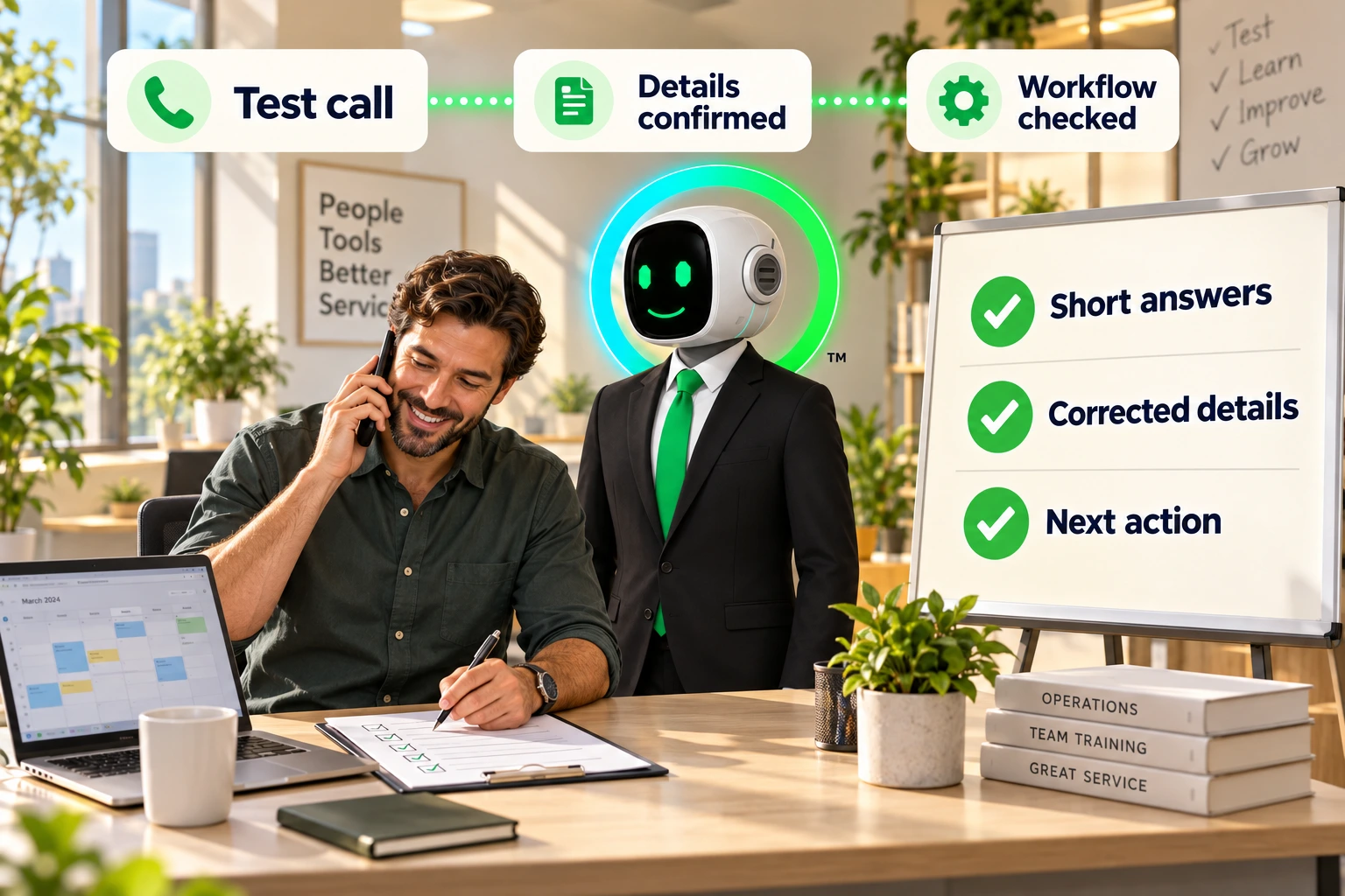 Test short answers, corrected details and the action that follows the call.