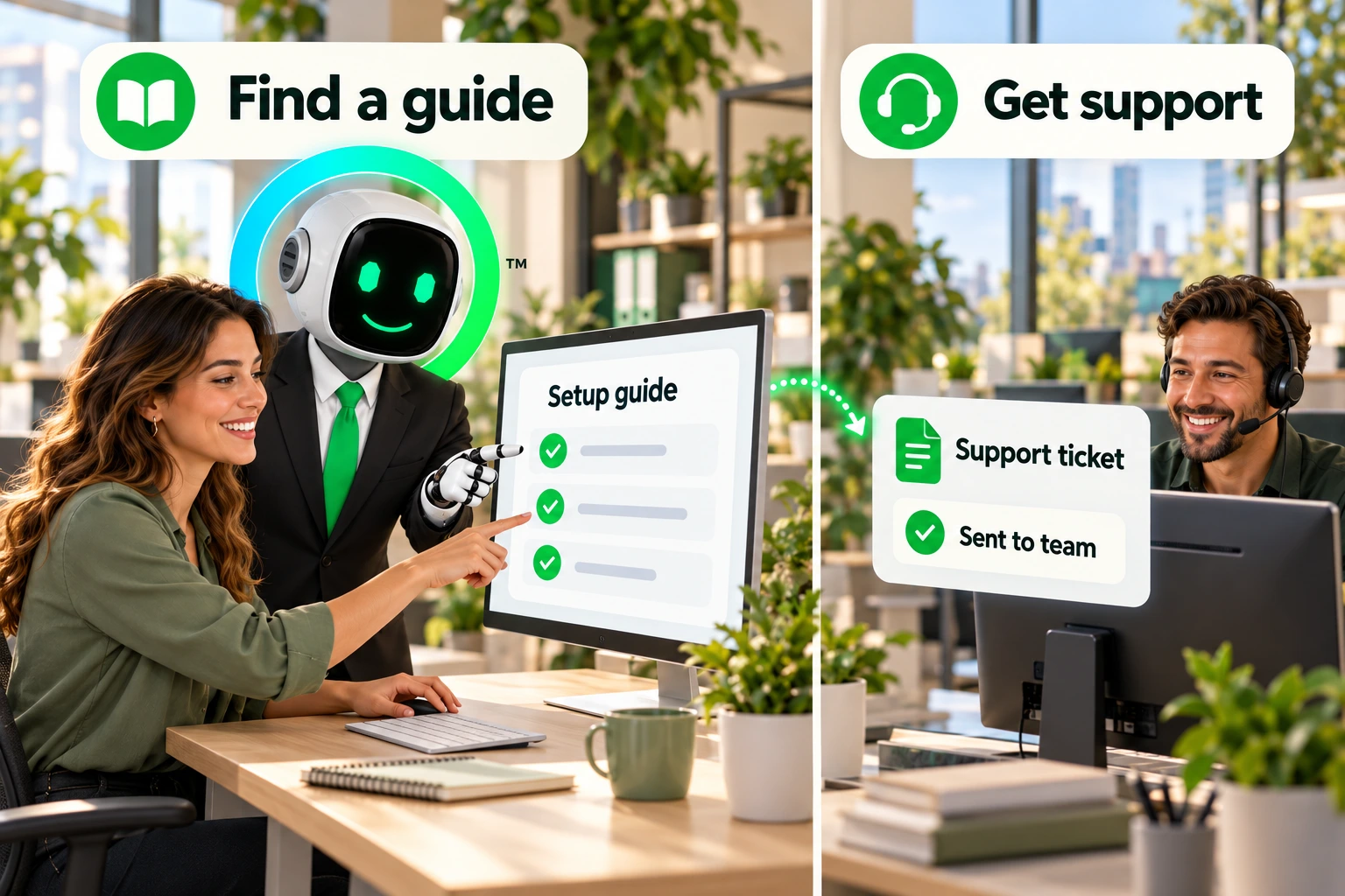 Service coordinator follows a setup guide and sends a support ticket to the team.