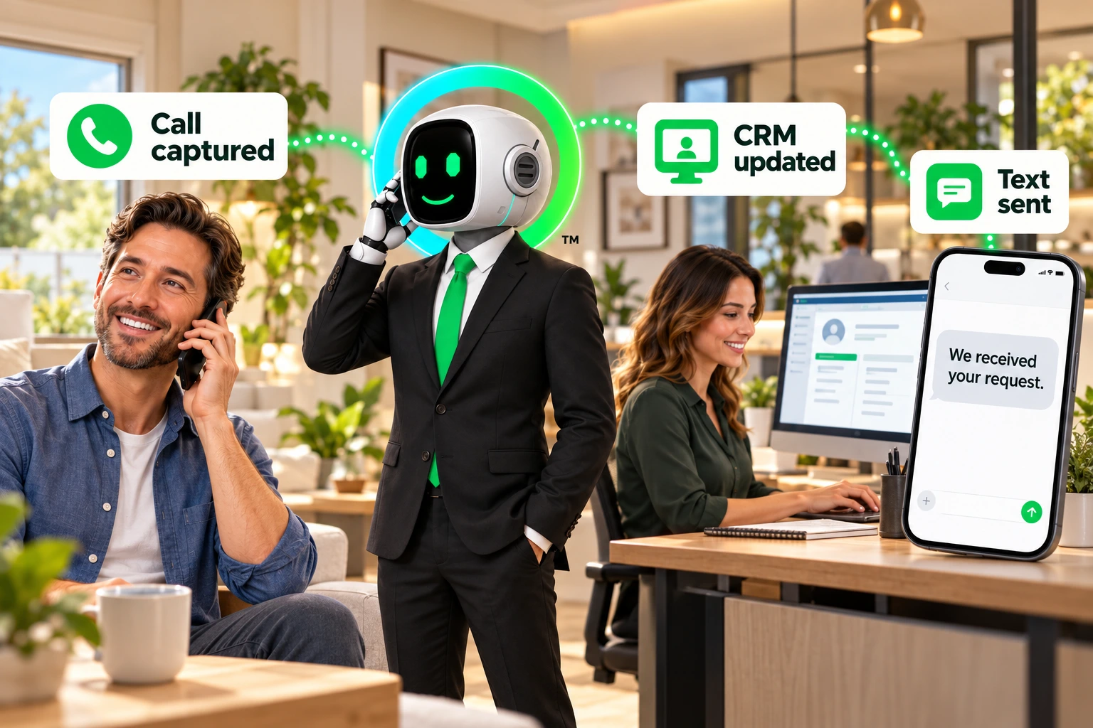 A call updates the CRM and sends a customer text.