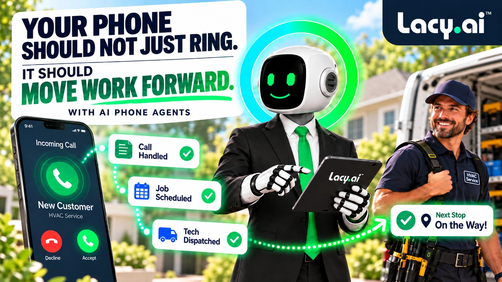 Lacy.ai robot handles an incoming service call, schedules a job, and dispatches a technician.