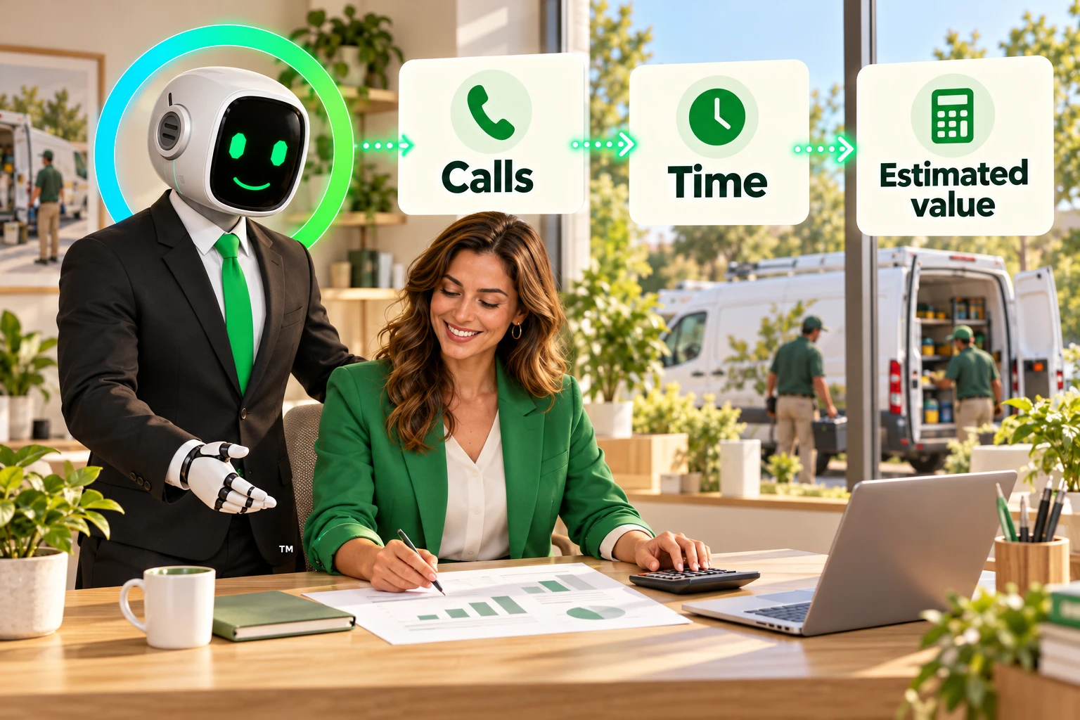 A service owner plans call volume, staff time and estimated value with Lacy.