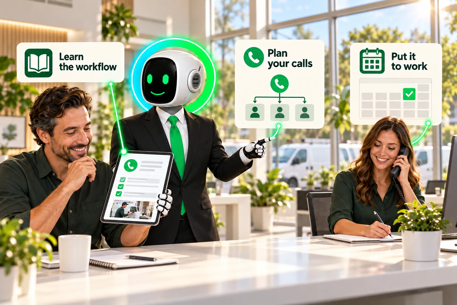 A service owner learns a call workflow as Lacy helps the team put it into action.