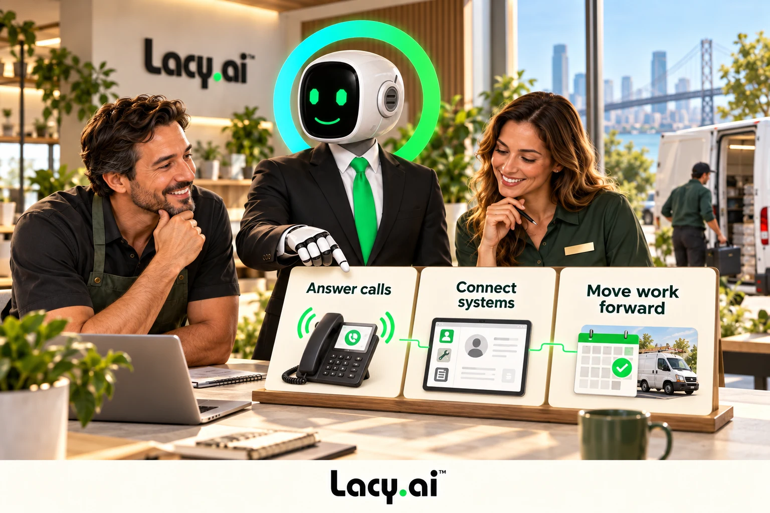 Lacy.ai and a service team evaluating call answering, connected systems and next actions