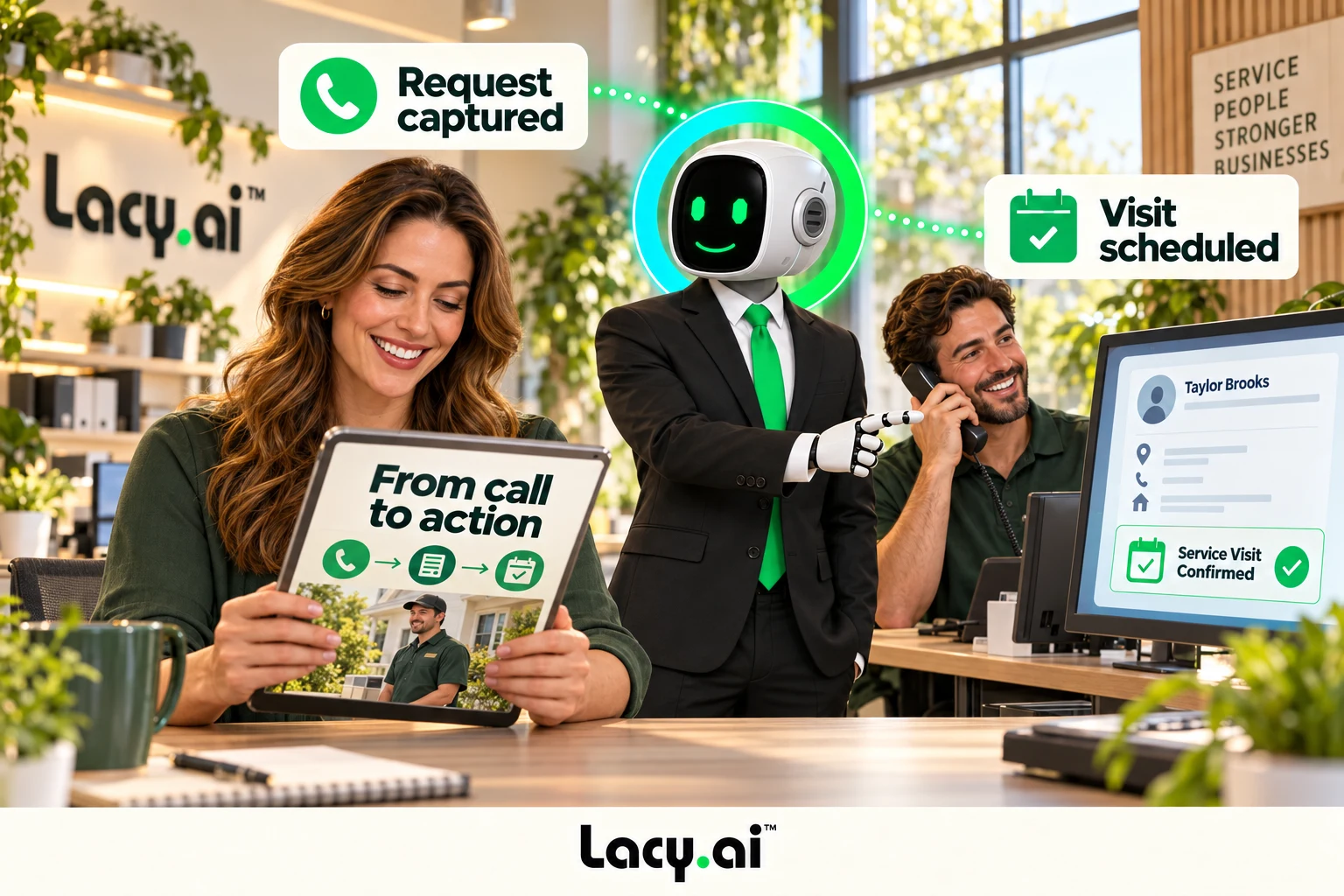 A service business owner explores a call-to-action guide with Lacy.ai