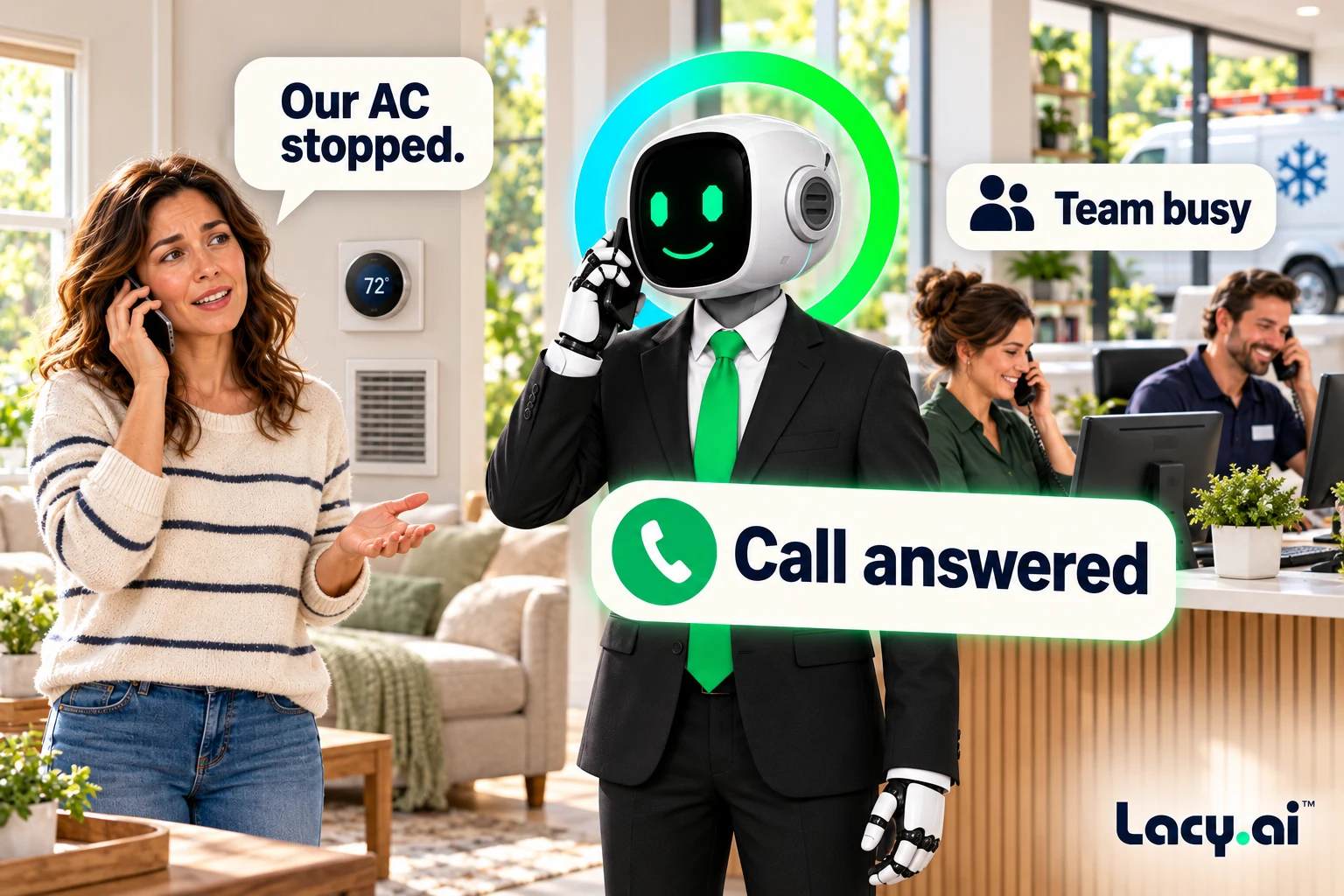 A homeowner calls about failed air conditioning. Lacy answers while the office team handles other calls.