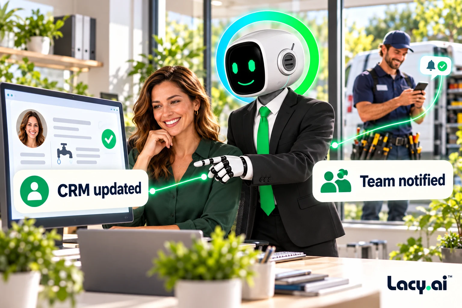 Lacy updates a customer record while a field technician receives the next job notification.