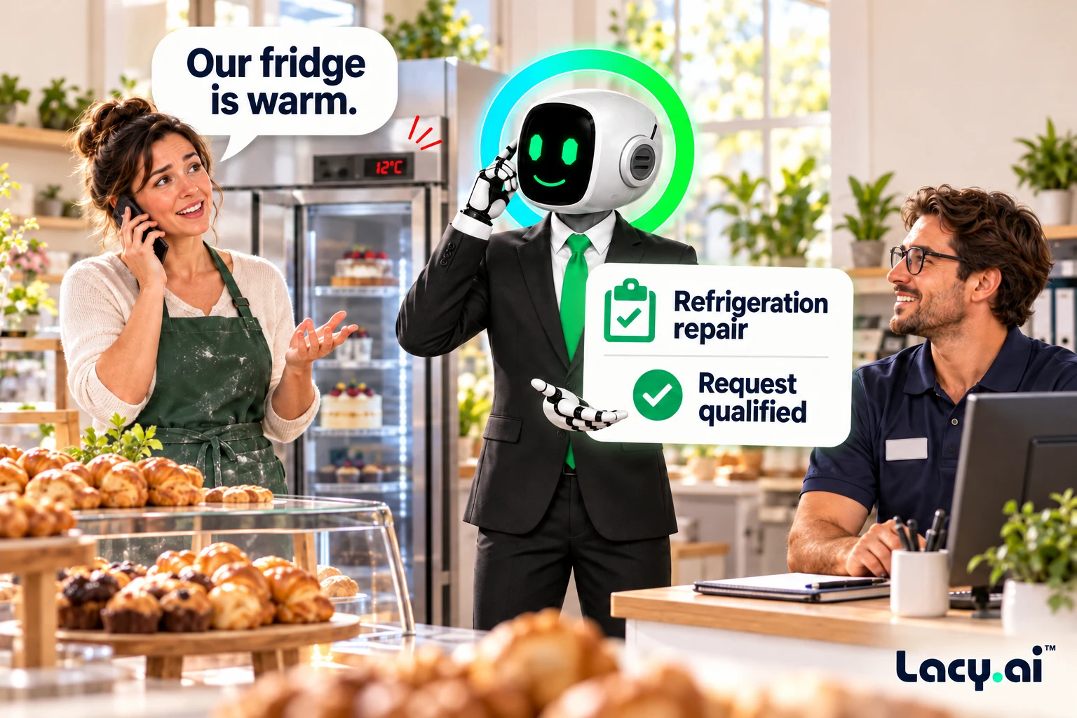 A bakery owner calls about a warm refrigerator. Lacy captures the refrigeration repair request for the team.