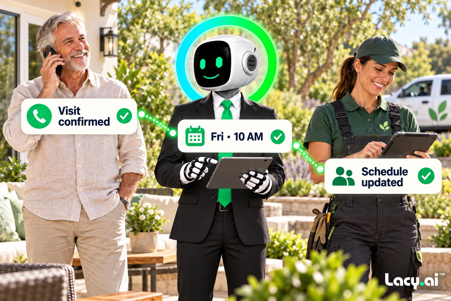 A landscaping customer confirms a Friday visit while the team receives the updated schedule.